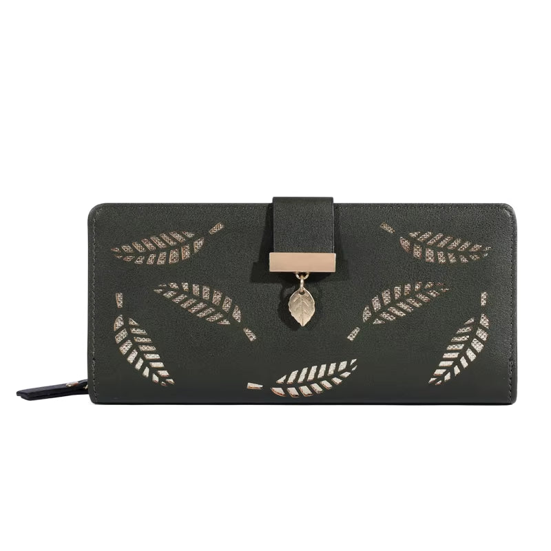 Women Wallet PU Leather Purse Female Long Wallet Gold Hollow Leaves Pouch Handbag for Women Coin Purse Card Holders Clutch