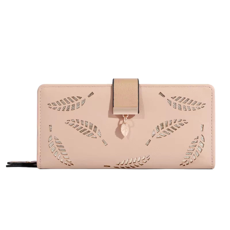 Women Wallet PU Leather Purse Female Long Wallet Gold Hollow Leaves Pouch Handbag for Women Coin Purse Card Holders Clutch