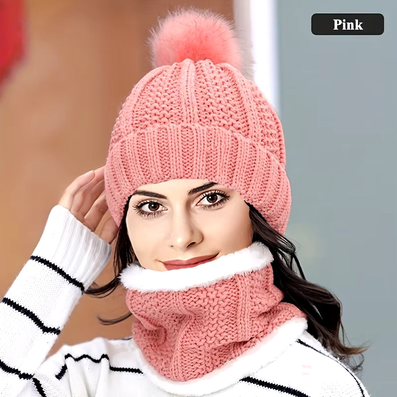 2PCS Winter Warm Knit Hat Set Winter Hat Thick Plush Windproof Cold Casual Warm Hat Scarf