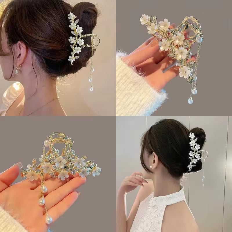 New Pearl Flower Tassel Hair Claw Clip Girl Retro Ponytail Hair Clip Shark Clip Korean Exquisite Women Hair Accessories