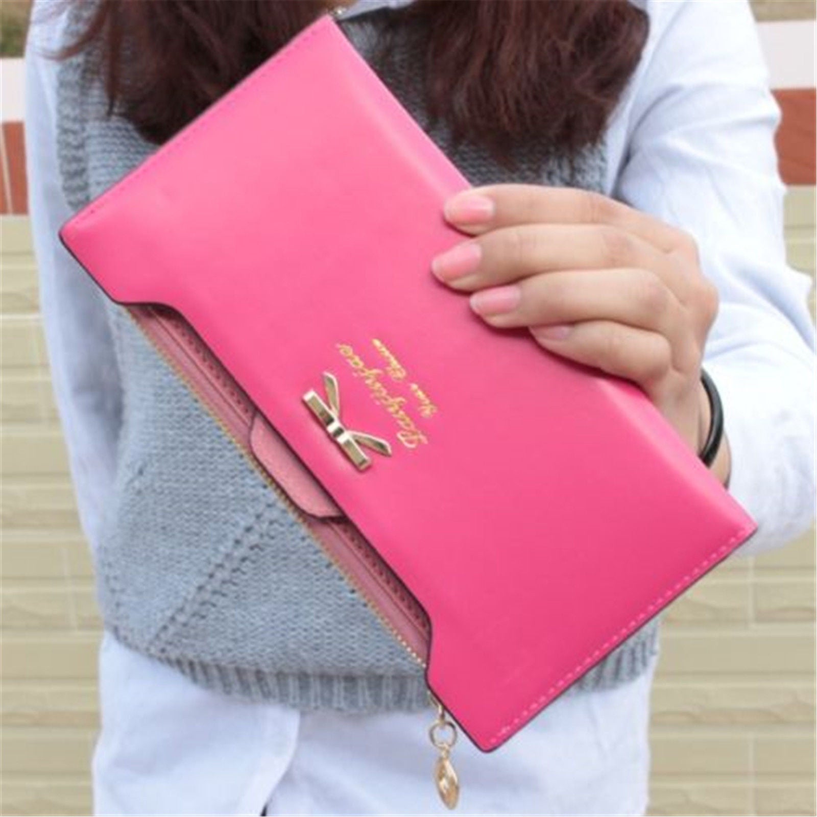 Women Long Leather Thin Wallet Cute Bow Purse Multi ID Credit Card Holder Gift