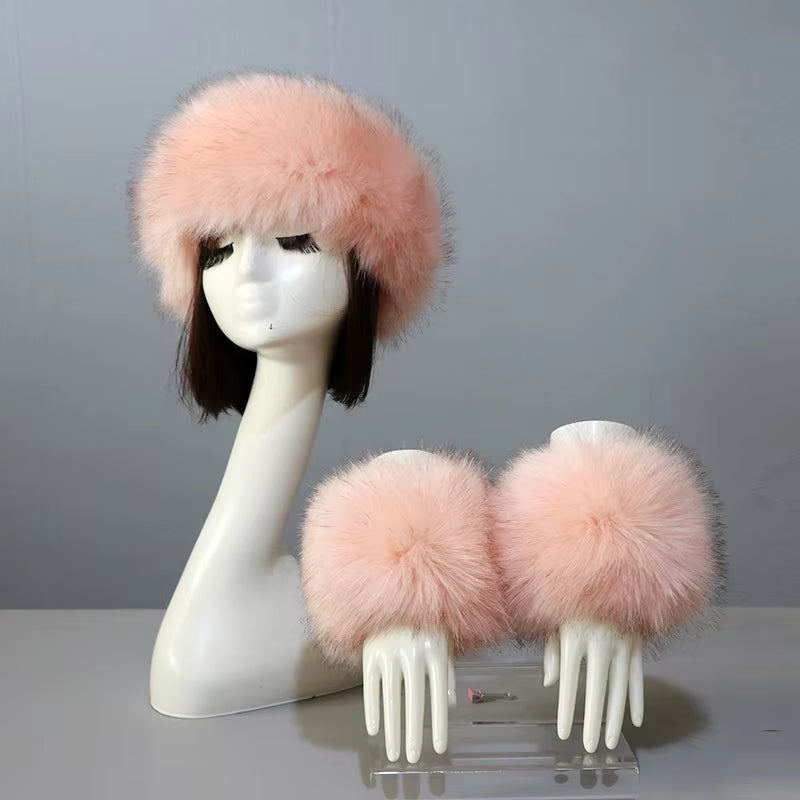 One Set Women Faux Fox Fur Cuffs + Headband Winter Warmer Hat Arm Wrist Sleeve Gloves Female Faux Fur Cap+Elastic Wristband