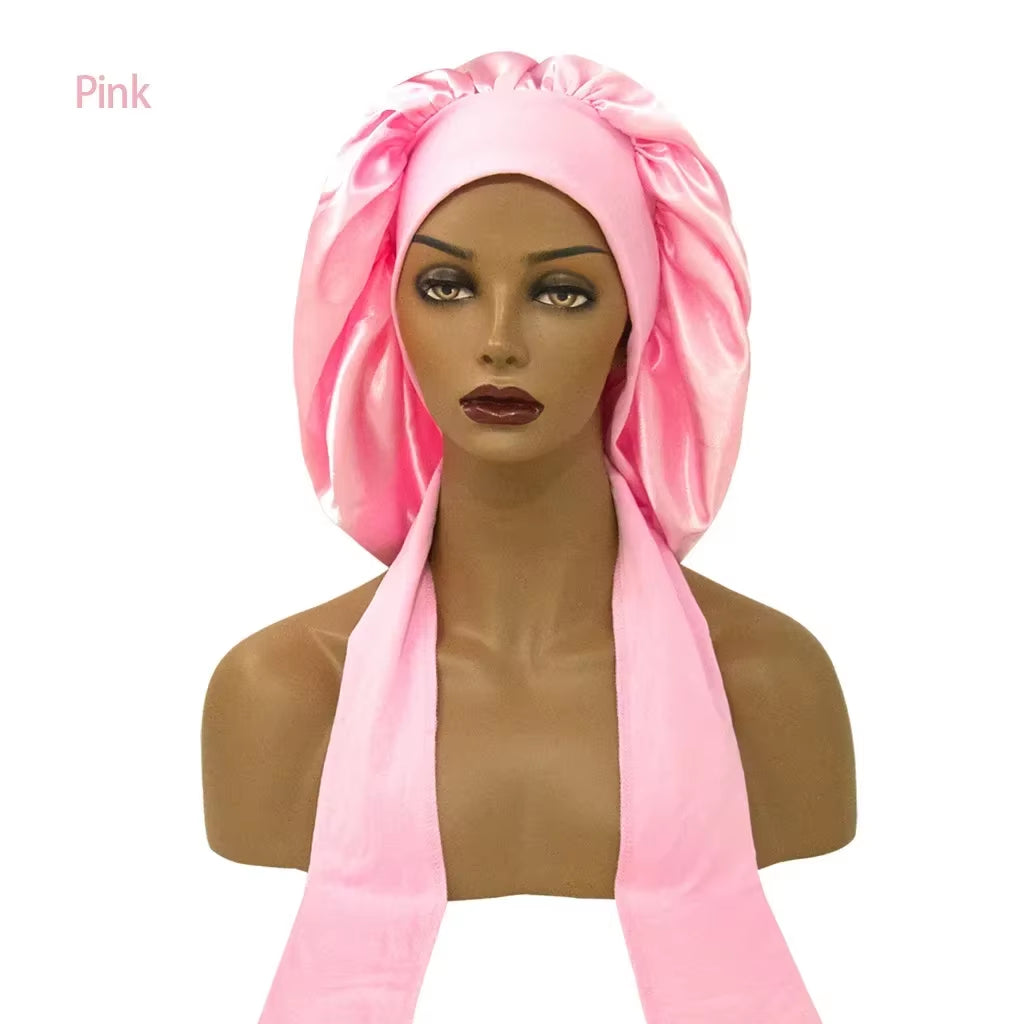 Women Satin Widened Sleep Hat Night Sleep Cap with Long Streamer Hair Care Bonnet Nightcap Elastic Cap De Nuit Shower Turban