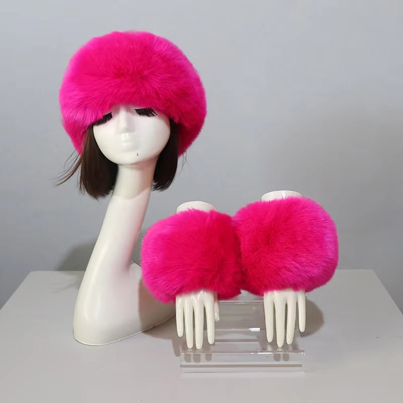 One Set Women Faux Fox Fur Cuffs + Headband Winter Warmer Hat Arm Wrist Sleeve Gloves Female Faux Fur Cap+Elastic Wristband