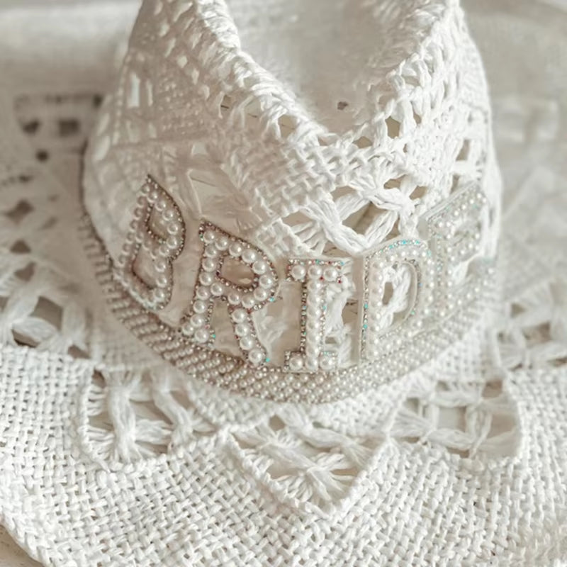 White Elegant Cowgirl Hat Bride Wedding Photo Costume Props Summer Hollow Out Women Girl Hat Western Style Cowboy Caps