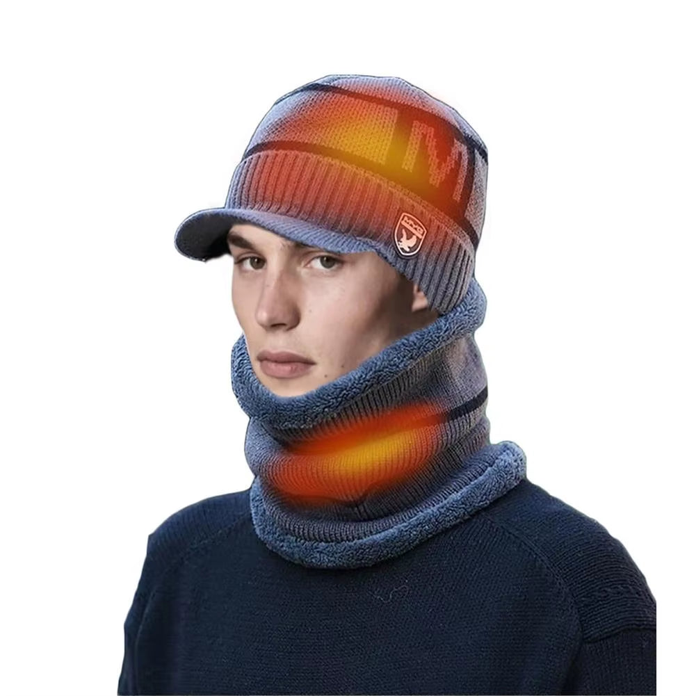 Electric Heated Hat Scarf Set USB Warm Hat Neck Warmer Cap Rechargeable Heated Knitting Beanie for Outdoor Mountaineering