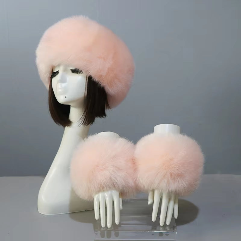 One Set Women Faux Fox Fur Cuffs + Headband Winter Warmer Hat Arm Wrist Sleeve Gloves Female Faux Fur Cap+Elastic Wristband