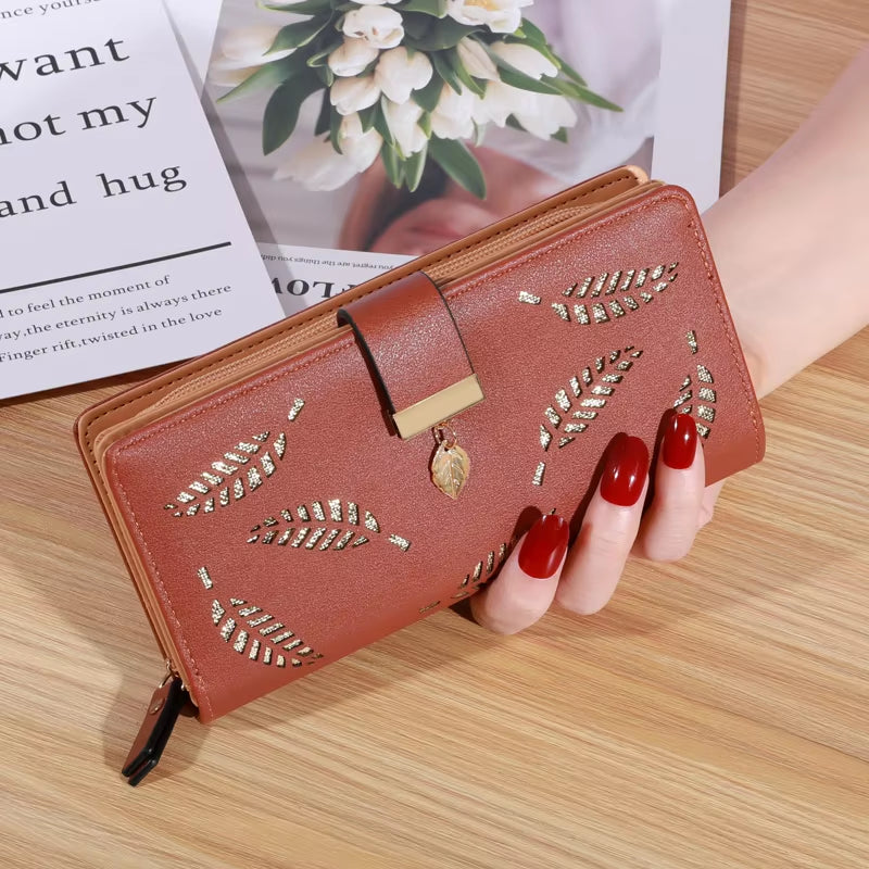 Women Wallet PU Leather Purse Female Long Wallet Gold Hollow Leaves Pouch Handbag for Women Coin Purse Card Holders Clutch