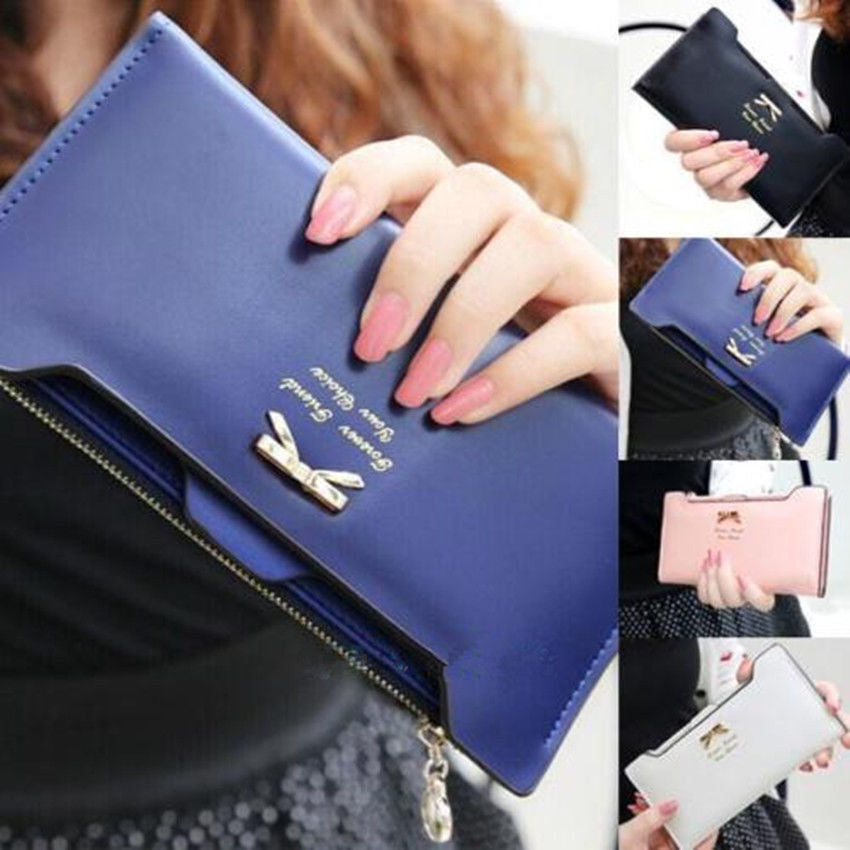 Women Long Leather Thin Wallet Cute Bow Purse Multi ID Credit Card Holder Gift