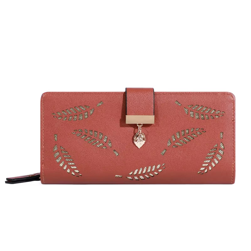 Women Wallet PU Leather Purse Female Long Wallet Gold Hollow Leaves Pouch Handbag for Women Coin Purse Card Holders Clutch